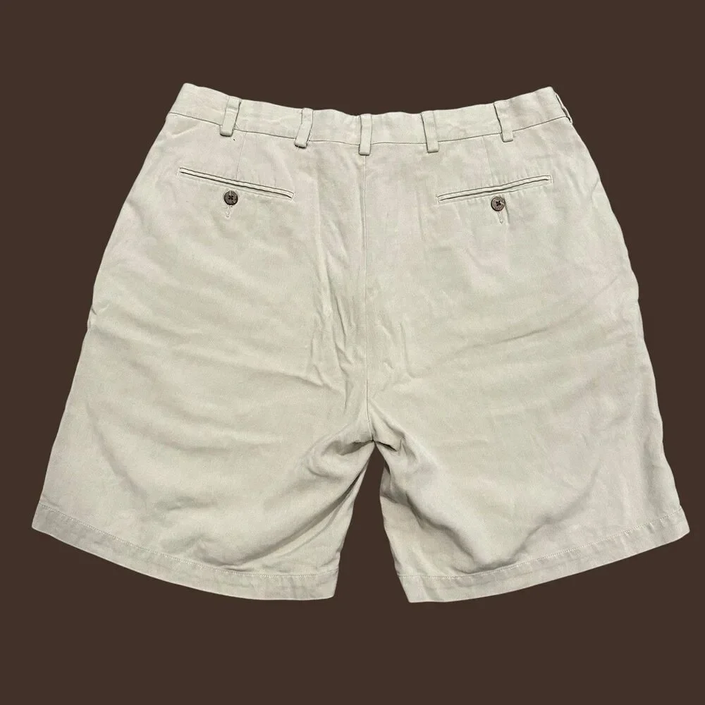 Jos A Bank Men's 100% Silk 34 Regular Tan Pleated Chino Shorts Inseam‎ 9